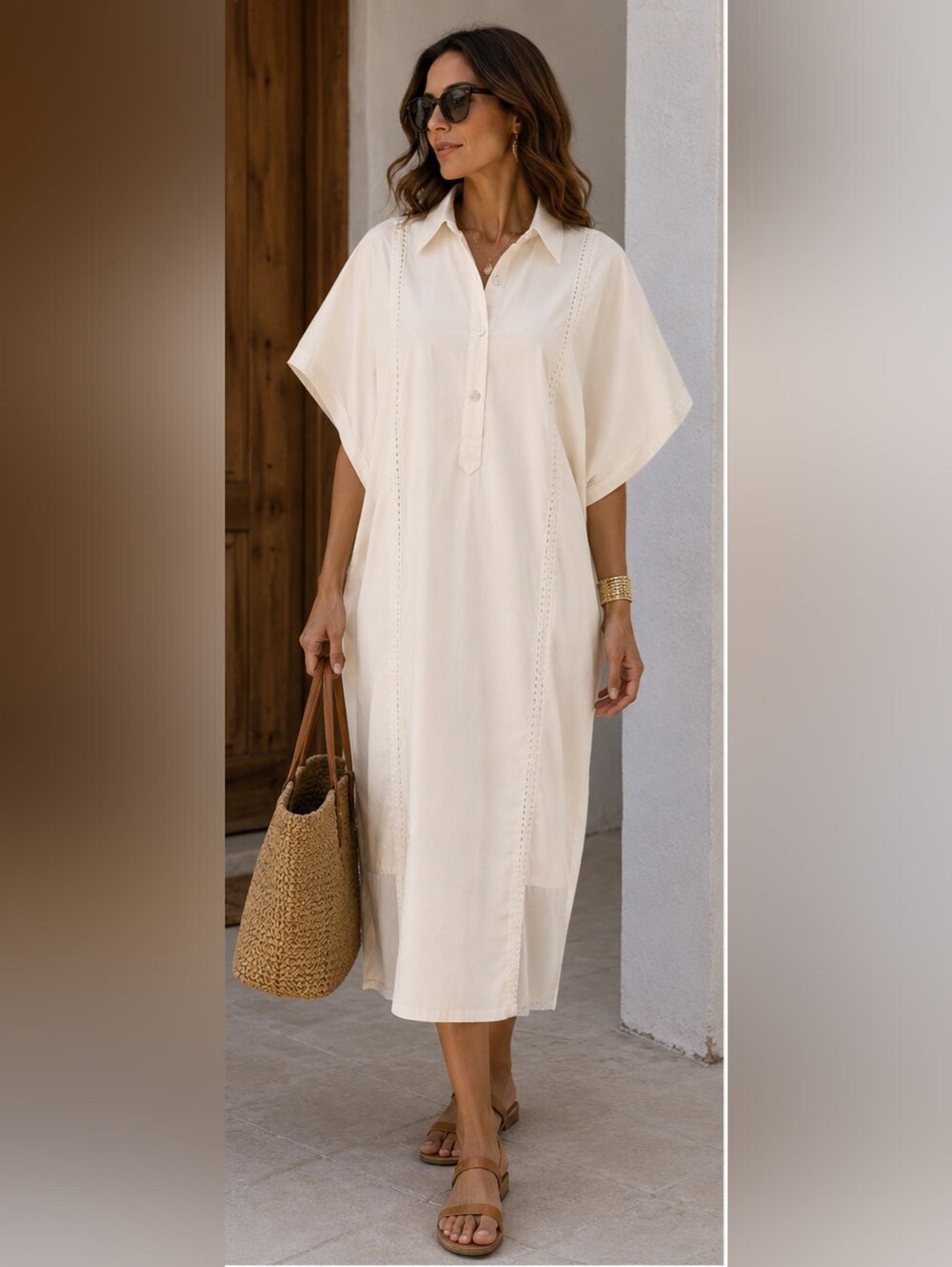 Pollini Made in Italy Ivory Cotton Caftan Shirt Dress Cover Up OS Designer Chic